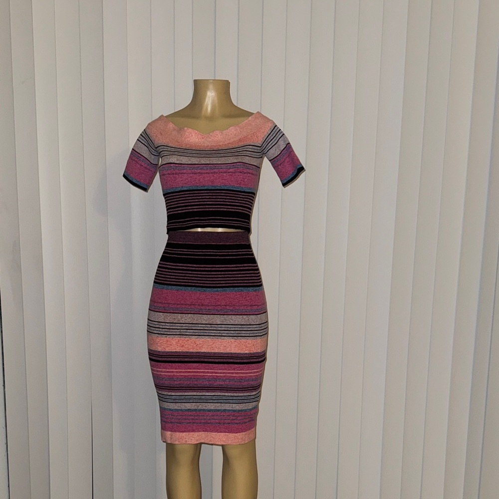 BCBGMaxAzria Striped Off-Shoulder Midi Dress - Pink, Black, Gray